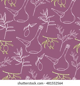 Seamless pattern with hand drawn set with olive oil bottle, green olive with leaves on violet background. Vector stock illustration. Wrapping paper for cafe. 