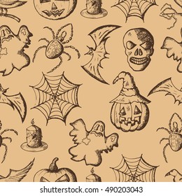 Seamless pattern, hand drawn set of halloween attributes, brown sketch on beige background
