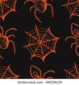 Seamless pattern, hand drawn set of halloween attributes, orange webs and spiders on a gray background