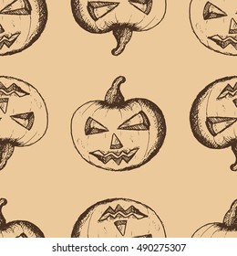 Seamless pattern, hand drawn set of halloween attributes, brown pumpkins on a beige background