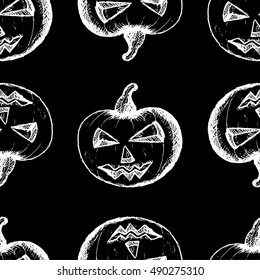 Seamless pattern, hand drawn set of halloween attributes, white pumpkins on a black background