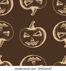 Seamless pattern, hand drawn set of halloween attributes, beige pumpkins on a brown background