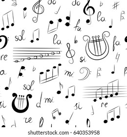 Seamless Pattern of Hand Drawn Set of  Music Symbols. Doodle Treble Clef, Bass Clef, Notes and Lyre. Sketch Style. Vector Illustration.