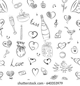 Seamless Pattern of Hand Drawn Set of Valentine's Day Symbols. Children's Funny Doodle Drawings of Hearts, Gifts, Rings, Balloons. Sketch Style. Vector Illustration.