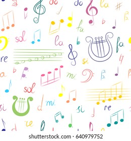 Seamless Pattern of Hand Drawn Set of  Music Symbols. Colorful Doodle Treble Clef, Bass Clef, Notes and Lyre. Sketch Style. Vector Illustration.