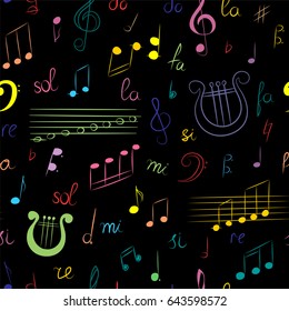 Seamless Pattern of Hand Drawn Set of  Music Symbols. Colorful Doodle Treble Clef, Bass Clef, Notes and Lyre on Black. Sketch Style. Vector Illustration.