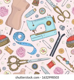 Seamless pattern with hand drawn sewing retro elements. Vector illustration of highly detailed hand drawn sewing tools