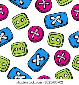 Seamless pattern with hand drawn sewing buttons of various shapes on a white background. Doodle, simple illustration. It can be used for decoration of textile, paper.