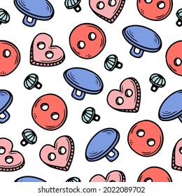 Seamless pattern with hand drawn sewing buttons of various shapes on a white background. Doodle, simple illustration. It can be used for decoration of textile, paper.