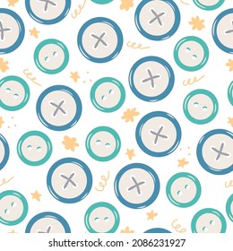 Seamless pattern with hand drawn sewing buttons on a white background. Doodle, simple flat illustration. It can be used for decoration of textile, paper.