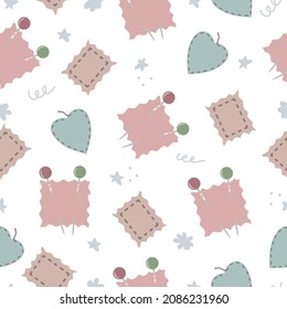 Seamless pattern with hand drawn sewing pins and scraps of fabric on a white background. Doodle, simple flat illustration. It can be used for decoration of textile, paper.