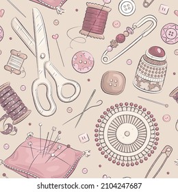 Seamless pattern with hand drawn sewing elements. Vector illustration