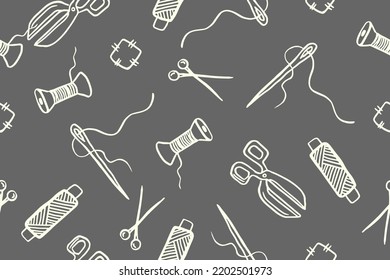 Seamless pattern with hand drawn sewing retro elements. Vector illustration hand drawn sewing tools