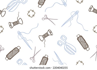 Seamless pattern with hand drawn sewing retro elements. Vector illustration hand drawn sewing tools