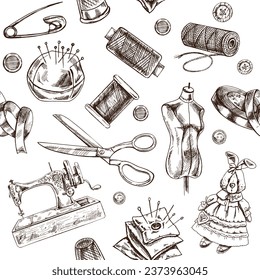 Patrón sin fisuras de los elementos de coser dibujados a mano. Ilustraciones vectoriales en estilo de esbozo. Concepto de equipo de costura hecho a mano en estilo doodle vintage. Estilo de grabado.