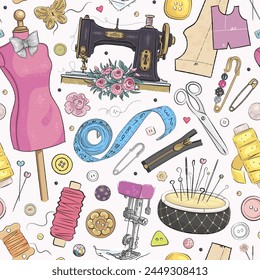 Patrón sin costuras con herramientas de costura dibujadas a mano. Plantilla de diseño de Fondo de pantalla, textil o papel de embalaje Atelier. Fondo del equipo hecho a mano de la historieta. Ilustración vectorial