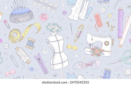 Seamless pattern with hand drawn sewing elements. Hand made wallpaper. Sewimg tools. Seamstress atelier tailoring background. Retro style. Vector illustration