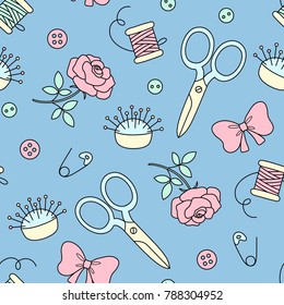 Seamless pattern with hand drawn sewing doodle. Fashion background in cute cartoon style. Needle bed, scissors, bows, buttons