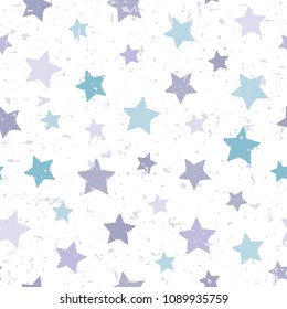 Seamless pattern with hand drawn shabby blue and purple stars on white background. Grunge star powder blue background. Vector illustration. Cosmos texture with particles of debris