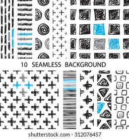 Seamless pattern with hand drawn shape.Circle, cross, plus,square, curve, line and triangle.Black, gray and blue Ink doodles. Set of 10 seamless backgrounds of geometric shapes.
