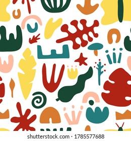 Сontemporary seamless pattern hand drawn shapes. Nature doodle elements and objects. Abstract color various leaves and flowers. Trendy modern flat cartoon vector illustration isolated on white
