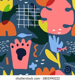 Сute seamless pattern hand drawn shapes. Different doodle elements and objects. Abstract contemporary colorful various leaves, flowers and other. Modern cartoon vector illustration isolated on blue