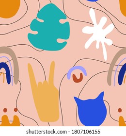 Сute seamless pattern hand drawn shapes. Different doodle elements and objects. Abstract contemporary colorful various arm, rainbow and other. Modern cartoon vector illustration isolated on pink