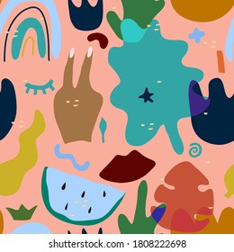Сute seamless pattern hand drawn shapes. Different doodle elements and objects. Abstract contemporary colorful various leaves, flowers and other. Modern cartoon vector illustration isolated on pink