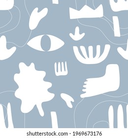 Сontemporary seamless pattern hand drawn shapes. Nature doodle elements and objects. Abstract color various leaves and flowers. Trendy modern flat cartoon vector illustration isolated on blue