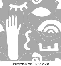 Сontemporary seamless pattern hand drawn shapes. Nature doodle elements and objects. Abstract color various leaves and flowers. Trendy modern flat cartoon vector illustration isolated on grey