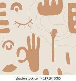 Сontemporary seamless pattern hand drawn shapes. Nature doodle elements and objects. Abstract color various leaves and flowers. Trendy modern flat cartoon vector illustration isolated on grey