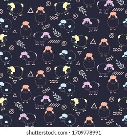 seamless pattern of hand drawn sheep in multicolor on navy background