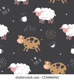 Patrón sin foco de ovejas, vacas y nubes dibujadas a mano en el telón de fondo oscuro