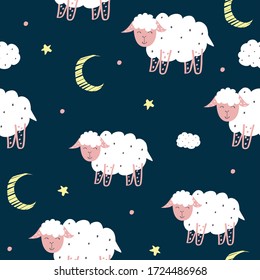 Seamless pattern of hand drawn sheep and cloud in the dark backdrop