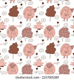 Seamless pattern with hand drawn sheep and trees in pastel colors. Childish style painting