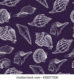 Seamless pattern of hand drawn shell set. Vector illustration isolated on vintage background. Detailed drawing in line art graphic style. Tattoo sketch, textile, brochure, card design sea collection