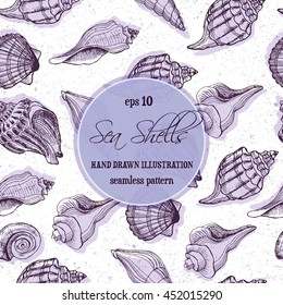 Seamless pattern of hand drawn shell set. Vector illustration isolated on vintage background. Detailed drawing in line art graphic style. Tattoo sketch, textile, brochure, card design sea collection