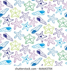 Seamless pattern with hand drawn shell and sea star in cartoon style. Vector illustration.
