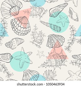 Seamless pattern with hand drawn shells and seastars. Underwater background.