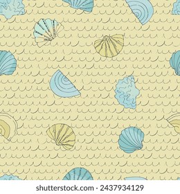 Seamless pattern with hand drawn shells, sands and waves on for surface design and other design projects. Summer and beach concept