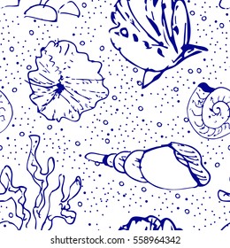 Seamless pattern with hand drawn shells. Vector.