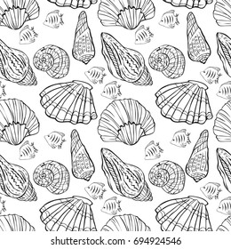 Seamless pattern with hand drawn shells and little fishes on white background