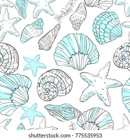 Seamless pattern with hand drawn shells on white background