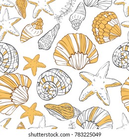 Seamless pattern with hand drawn shells on white background.