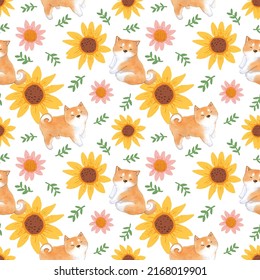 Seamless Pattern with Hand Drawn Shiba Inu Dog and Sunflower Design on White Background