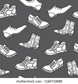 Seamless pattern with hand drawn shoes. Vector pattern in line style on grey background, can be used for wrapping paper, decorate a shoe store