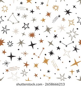 Seamless pattern of hand drawn shooting stars, meteors and sparkles. Doodle style. Night sky. Vector illustration
