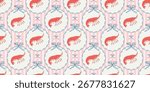 Seamless pattern with hand drawn shrimp in ribbon frame with bow. Mediterranean elegant background. Marine vintage wallpaper with seafood, crawfish. Summer coastal ocean print, decor, fabric, textile