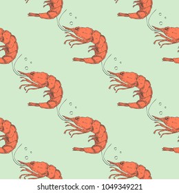 Seamless pattern hand drawn shrimps
