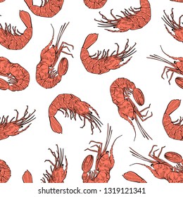 Seamless pattern of hand drawn shrimps, vector